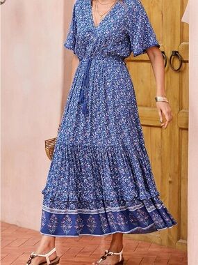 R Vivimos blue floral maxi dress